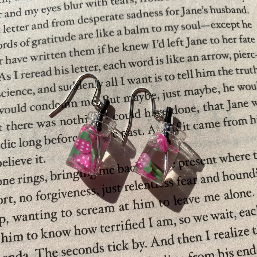 Pink Strawberry Boba Silver Hook Dangle Earrings